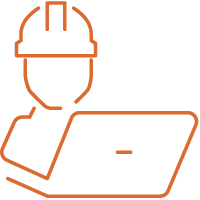 A orange line art of a person with a computer Description automatically generated